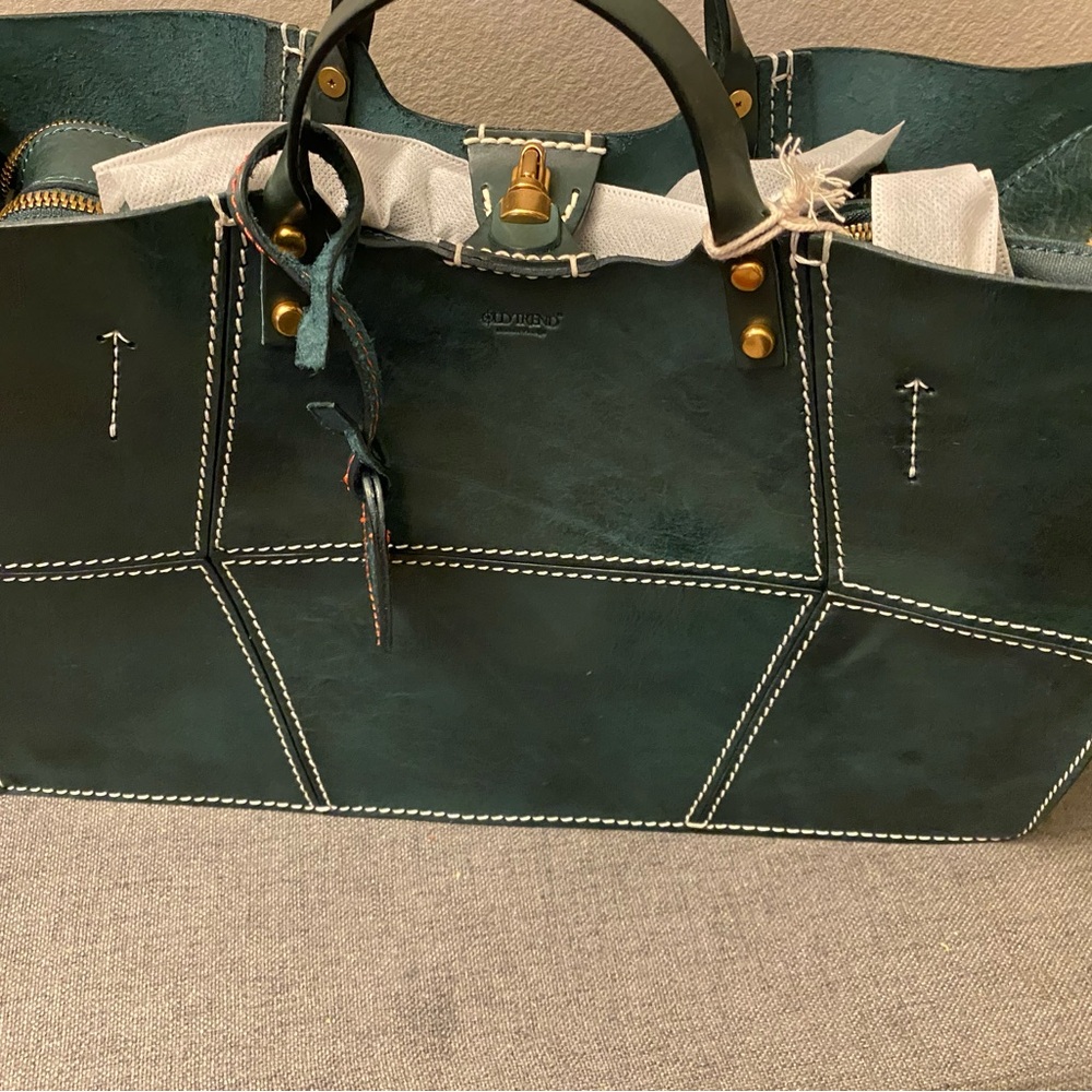 Green Leather Tote with Geometric Stitching Paper on handles removed